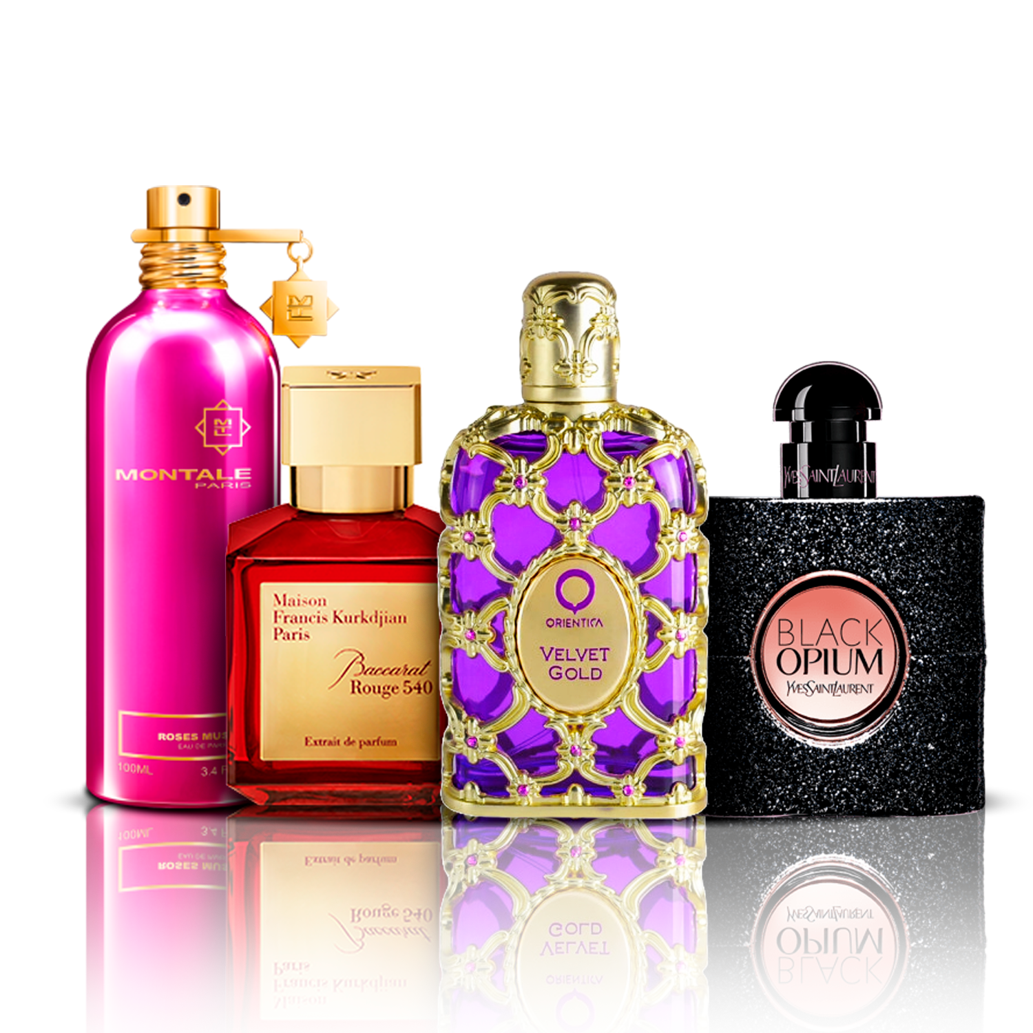 Set di 4 profumi | Orientica Velvet Gold + Baccarat Rouge + Black Opium + Montale Roses Musk 100 ml